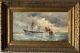 Antique 19th Century French Impressionist Oil Painting Old Seascape Ship Boat