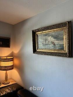 Antique 19th Century French Impressionist Oil Painting Old Seascape Ship Boat