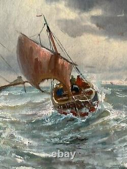 Antique 19th Century French Impressionist Oil Painting Old Seascape Ship Boat