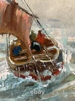 Antique 19th Century French Impressionist Oil Painting Old Seascape Ship Boat