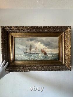 Antique 19th Century French Impressionist Oil Painting Old Seascape Ship Boat