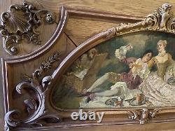 Antique 19th Century Painting Oil On Canvas Wooden Carving Panel Large 7 ft