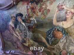 Antique 19th Century Painting Oil On Canvas Wooden Panel Large Pediment 7 Feet