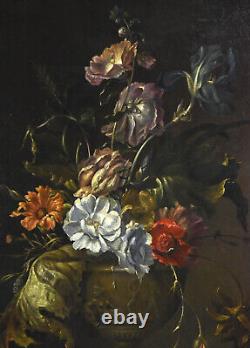 Antique 19th Century Still Life Oil Painting Wild Flowers in Neoclassical Vase