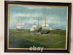 Antique 19th Century Whaling Whale Hunting Ship Maritime Folk Art Oil Painting