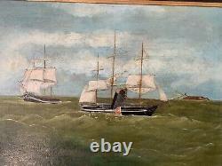 Antique 19th Century Whaling Whale Hunting Ship Maritime Folk Art Oil Painting