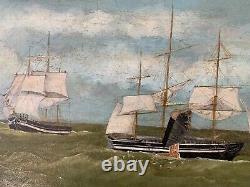 Antique 19th Century Whaling Whale Hunting Ship Maritime Folk Art Oil Painting