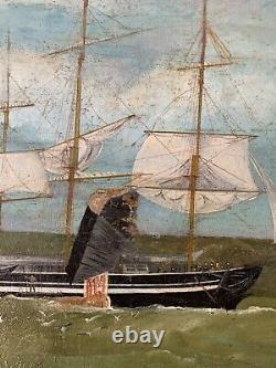 Antique 19th Century Whaling Whale Hunting Ship Maritime Folk Art Oil Painting