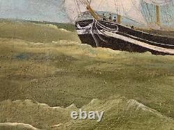 Antique 19th Century Whaling Whale Hunting Ship Maritime Folk Art Oil Painting