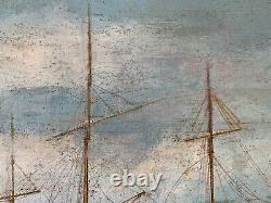 Antique 19th Century Whaling Whale Hunting Ship Maritime Folk Art Oil Painting