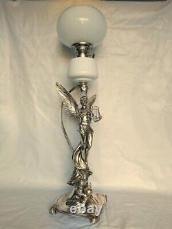 Antique 19th Magnificent Large 30¨ Wmf Figural Oil Kerosene Lamp Angel & Child