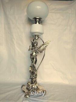 Antique 19th Magnificent Large 30¨ Wmf Figural Oil Kerosene Lamp Angel & Child