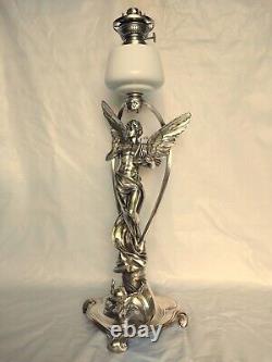 Antique 19th Magnificent Large 30¨ Wmf Figural Oil Kerosene Lamp Angel & Child