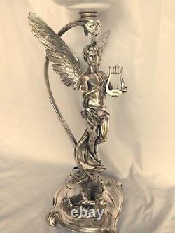 Antique 19th Magnificent Large 30¨ Wmf Figural Oil Kerosene Lamp Angel & Child