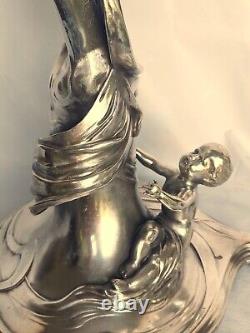 Antique 19th Magnificent Large 30¨ Wmf Figural Oil Kerosene Lamp Angel & Child