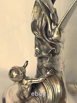 Antique 19th Magnificent Large 30¨ Wmf Figural Oil Kerosene Lamp Angel & Child