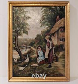 Antique American AAFA Late 19thC Oil Painting On Canvas, Young Ladies With Geese