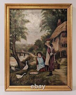 Antique American AAFA Late 19thC Oil Painting On Canvas, Young Ladies With Geese