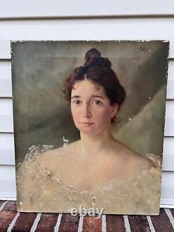 Antique Art Nouveau Portrait Of Lady Oil Painting On Canvas 19th Century 1896