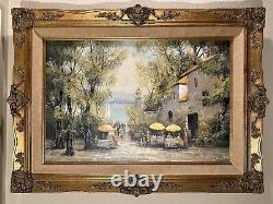 Antique B. Michele Large Framed Impressionist Oil Painting Cafe by the Lake