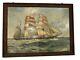 Antique Bouisset Painting Oil On Panel Three Masts Ship Sea Art Deco Rare 20th