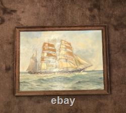 Antique Bouisset Painting Oil On Panel Three Masts Ship Sea Art Deco Rare 20th