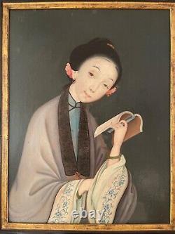 Antique Chinese 19th Century Oriental Asian Large Painting Portrait of A Girl