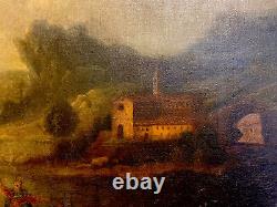 Antique Continental School Old Master Oil Painting of Landscape with Figures