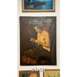 Antique Early 20th Century 40x 30 Oil Portrait Painting of a Shirtless Women