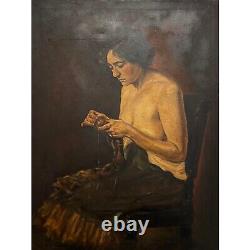 Antique Early 20th Century 40x 30 Oil Portrait Painting of a Shirtless Women