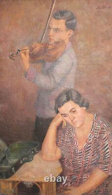 Antique European large oil painting violinist signed