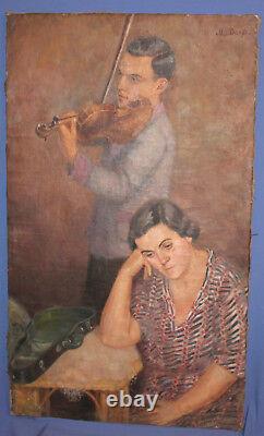 Antique European large oil painting violinist signed