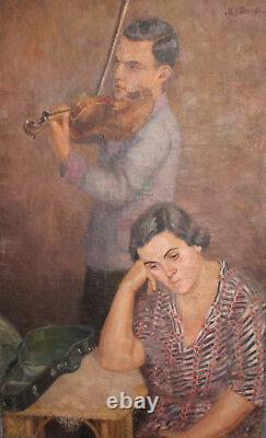 Antique European large oil painting violinist signed