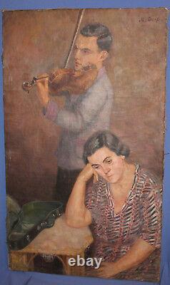 Antique European large oil painting violinist signed