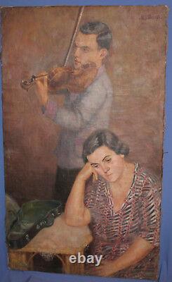 Antique European large oil painting violinist signed