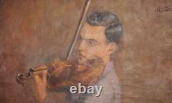 Antique European large oil painting violinist signed