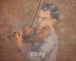 Antique European large oil painting violinist signed