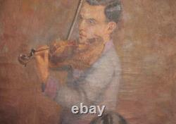 Antique European large oil painting violinist signed