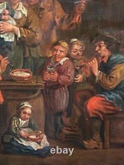 Antique Family Dutch Peasants Oil On Canvas Taste Teniers Kids Framed Gild 18th