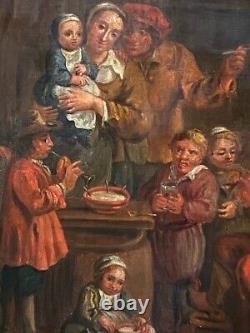 Antique Family Dutch Peasants Oil On Canvas Taste Teniers Kids Framed Gild 18th