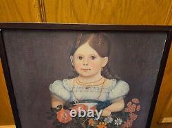 Antique Folk Art Oil Painting Little Girl with Flower Basket RARE FIND 28t x 17w