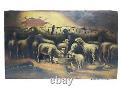 Antique Folk Art Primitive Sheep Farm Barn Oil Painting