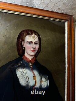 Antique Formal Female Portrait Reverse Oil On Glass Painting For Restoration