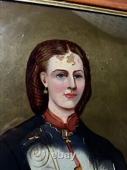 Antique Formal Female Portrait Reverse Oil On Glass Painting For Restoration