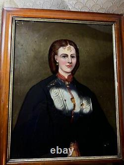 Antique Formal Female Portrait Reverse Oil On Glass Painting For Restoration