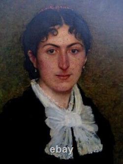 Antique French Large Oil on Canvas Painting Woman Portrait Late 19th Century