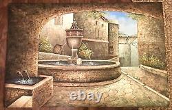 Antique French Village Fountain William Adam (1846-1913) Oil Large Painting