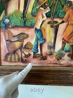 Antique Haitian Modern Folk Art Figurative Oil Painting Vintage Haiti Island