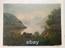 Antique Hudson School Oil On Board Painting Mountains Sailboats Maritime 18 X 24