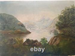 Antique Hudson School Oil On Board Painting Mountains Sailboats Maritime 18 X 24